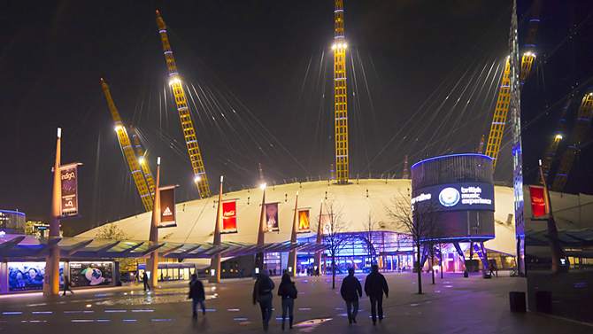 The O2 dome venue by night, North Greenwich, London, UK